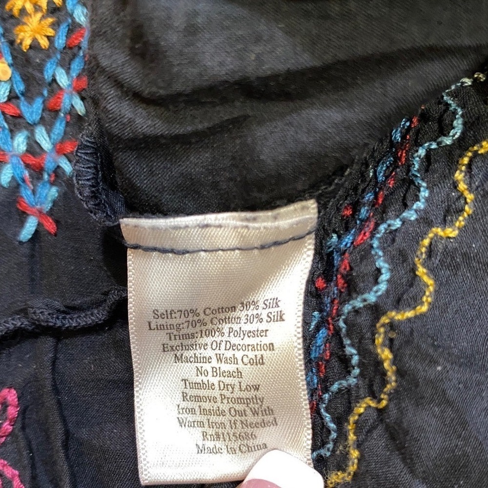 Johnny Was 3J Workshop Embroidered Silk Blend Boho Dress Black XS V-Neck Smocked - Picture 5 of 12